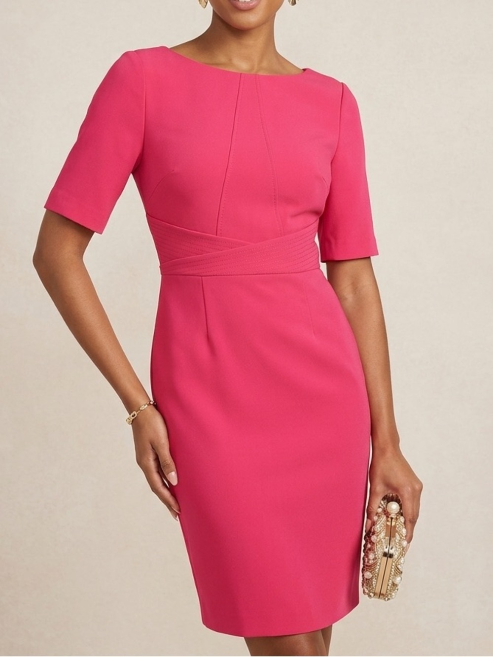 TOCCIN Guava Pink Boatneck Sheath Dress Short Sleeve Exposed Zip 8